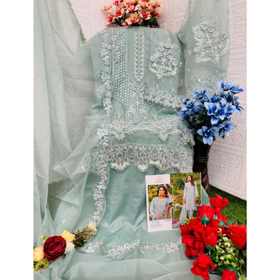 Light Turquoise Floral Embroidered Organza Semi Stitched Pakistani Suit