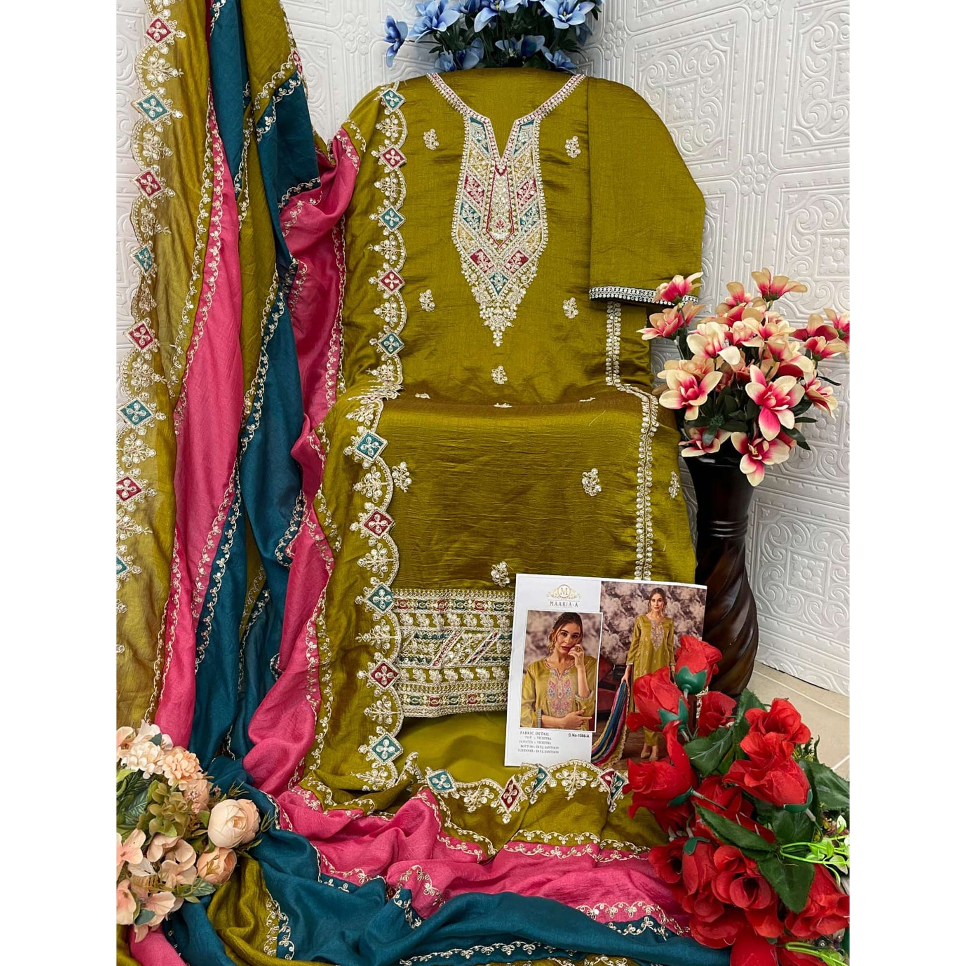 green-floral-embroidered-vichitra-silk-semi-stitched-pakistani-suit