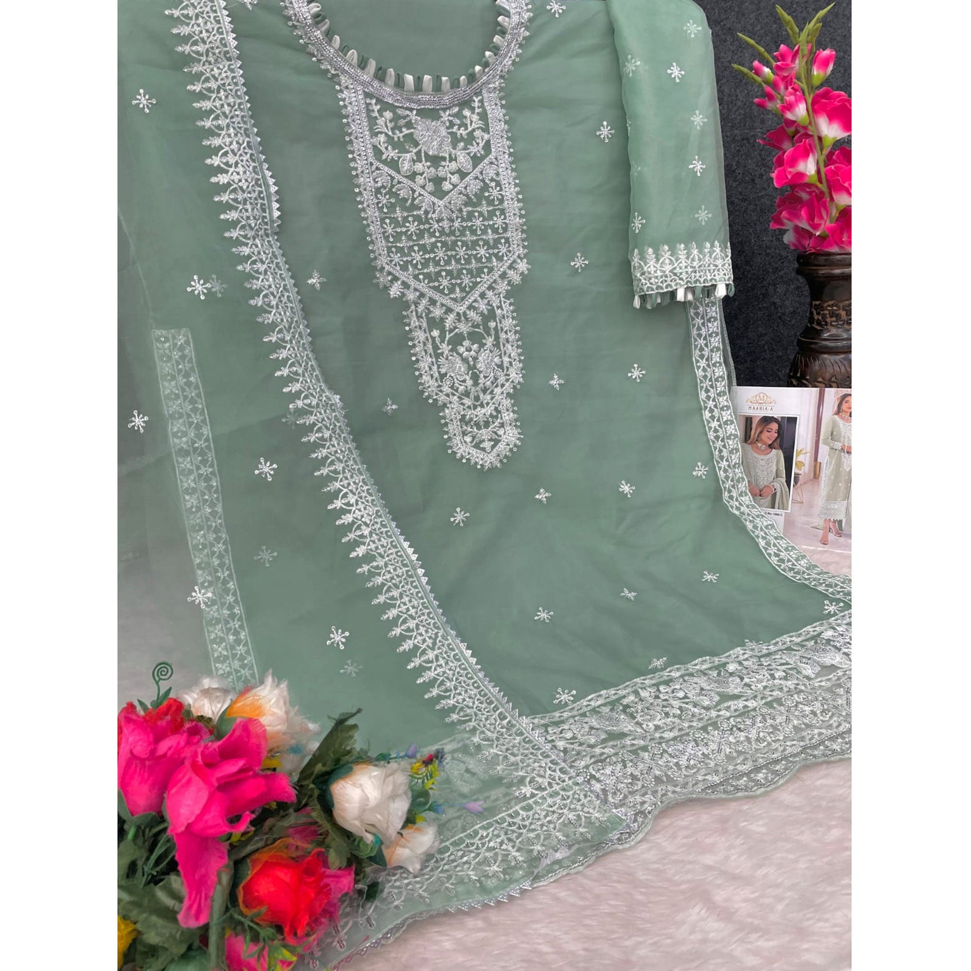 green-embroidered-organza-pakistani-dress-material