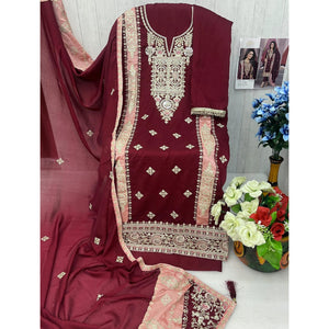 Maroon Floral Embroidered Vichitra Silk Semi Stitched Pakistani Suit