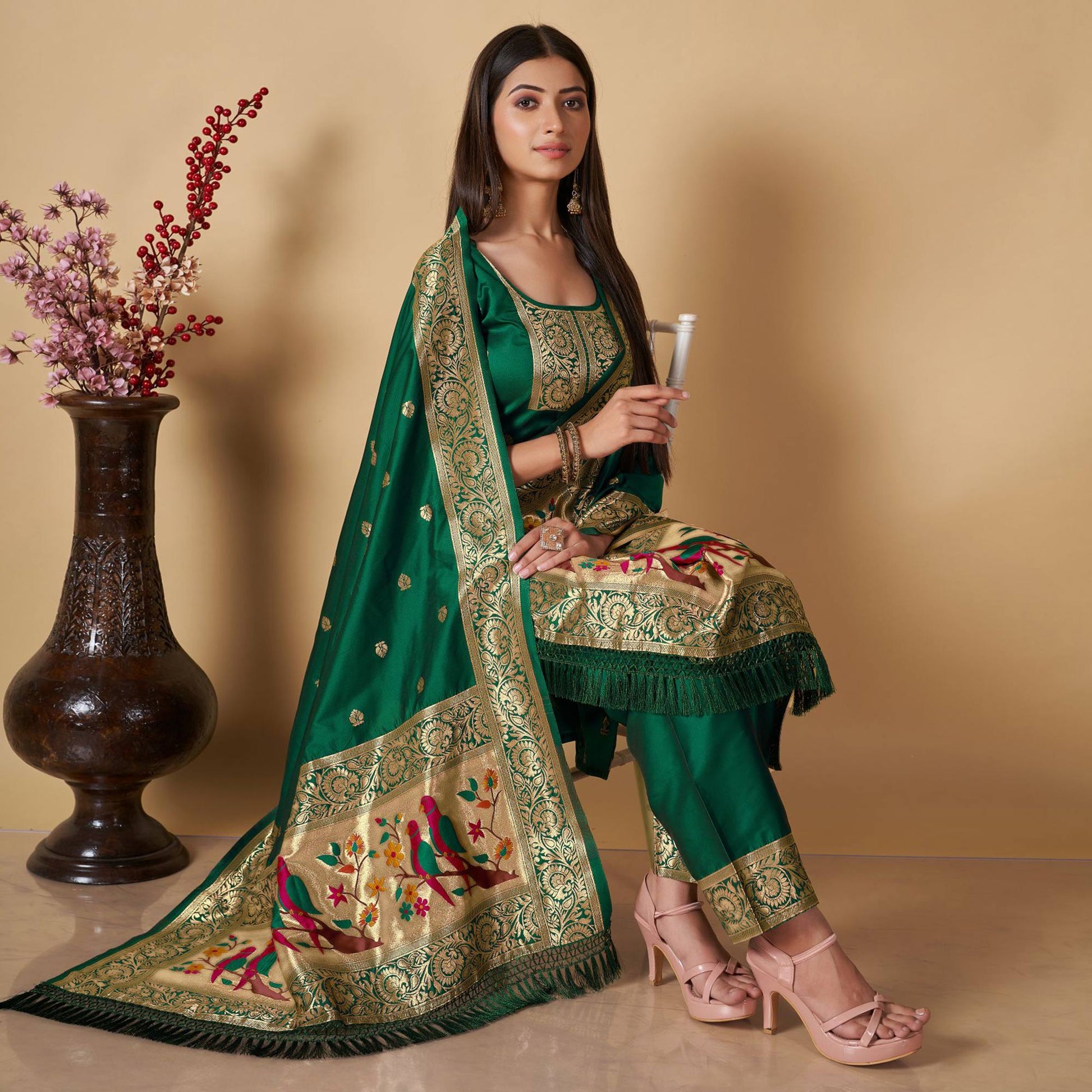 green-floral-woven-banarasi-silk-paithani-dress-material-2