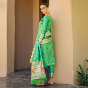 green-floral-woven-banarasi-silk-paithani-dress-material