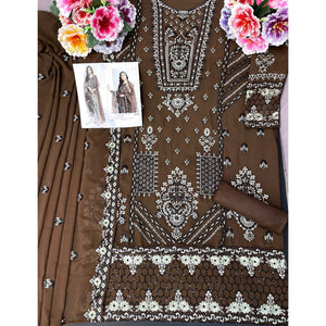 Brown Floral Embroidered Georgette Semi Stitched Pakistani Suit