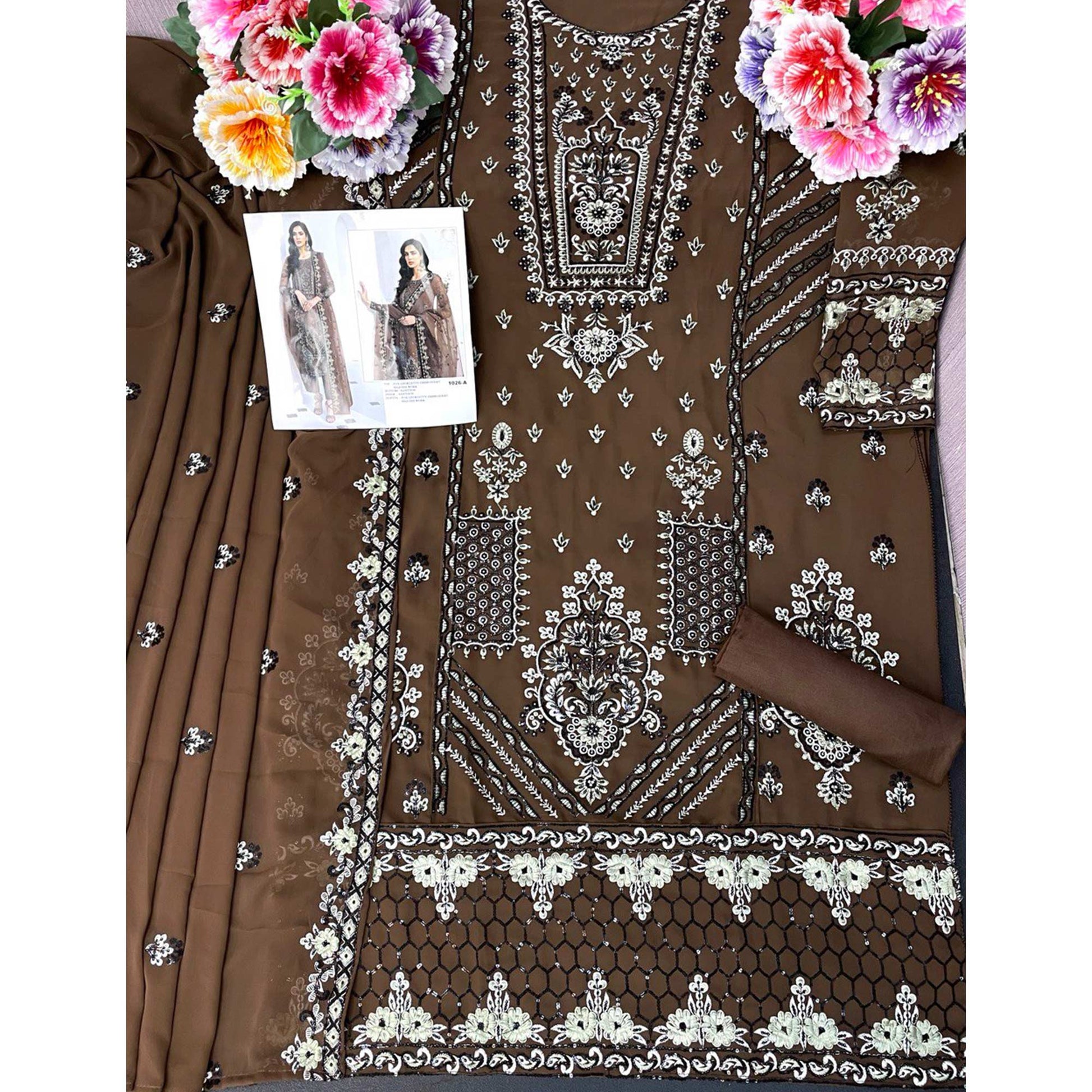 Brown Floral Embroidered Georgette Semi Stitched Pakistani Suit