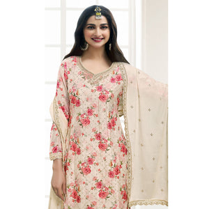 Cream Embroidered Chinon Semi Stitched Dress Material