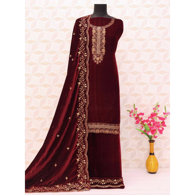Maroon Floral Embroidered Velvet Semi Stitched Suit