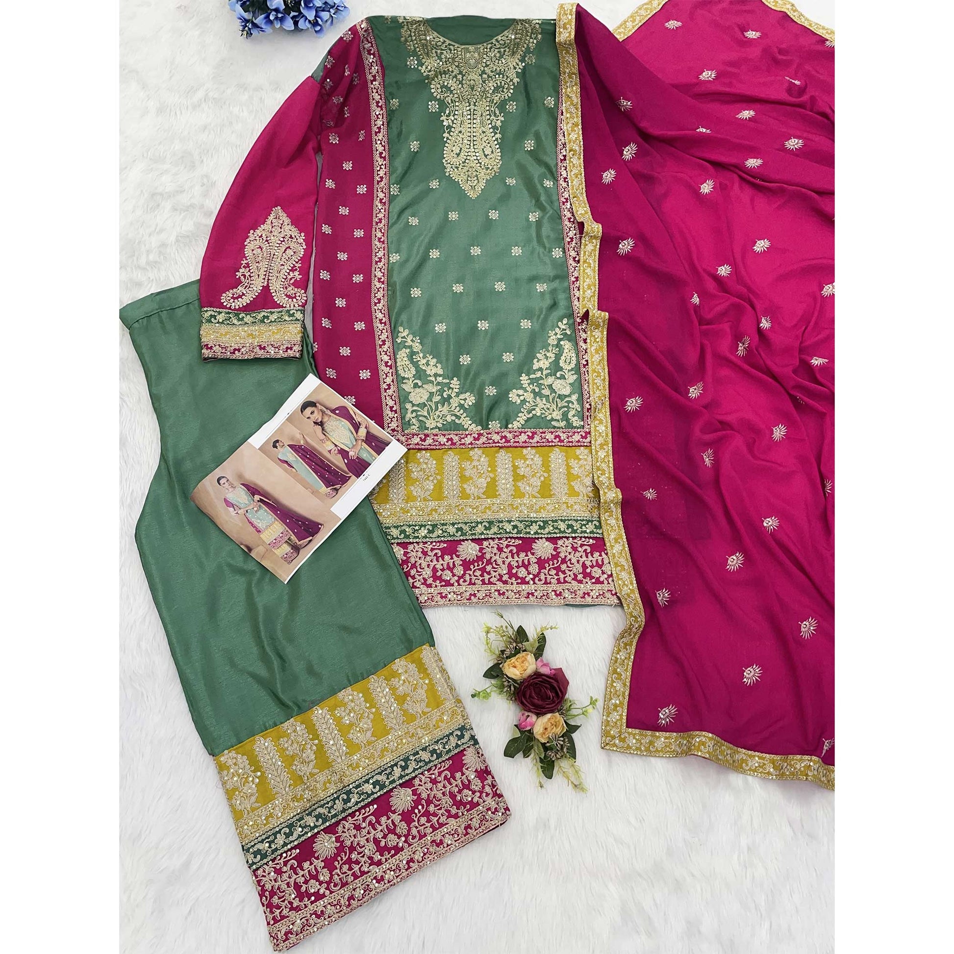 green-embroidered-sequins-work-chinon-semi-stitched-salwar-suit