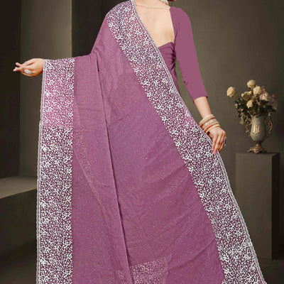 Mauve Floral Embroidery With Stonework Chiffon Shimmer Saree
