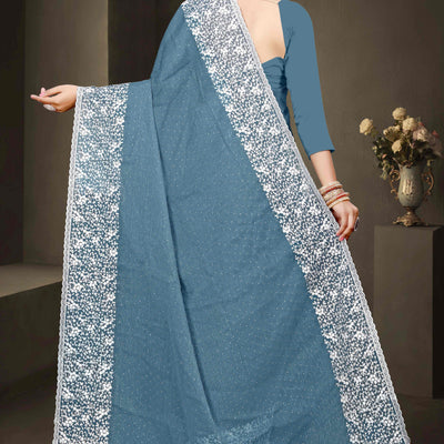 Bluyish Grey Floral Embroidery With Stonework Chiffon Shimmer Saree