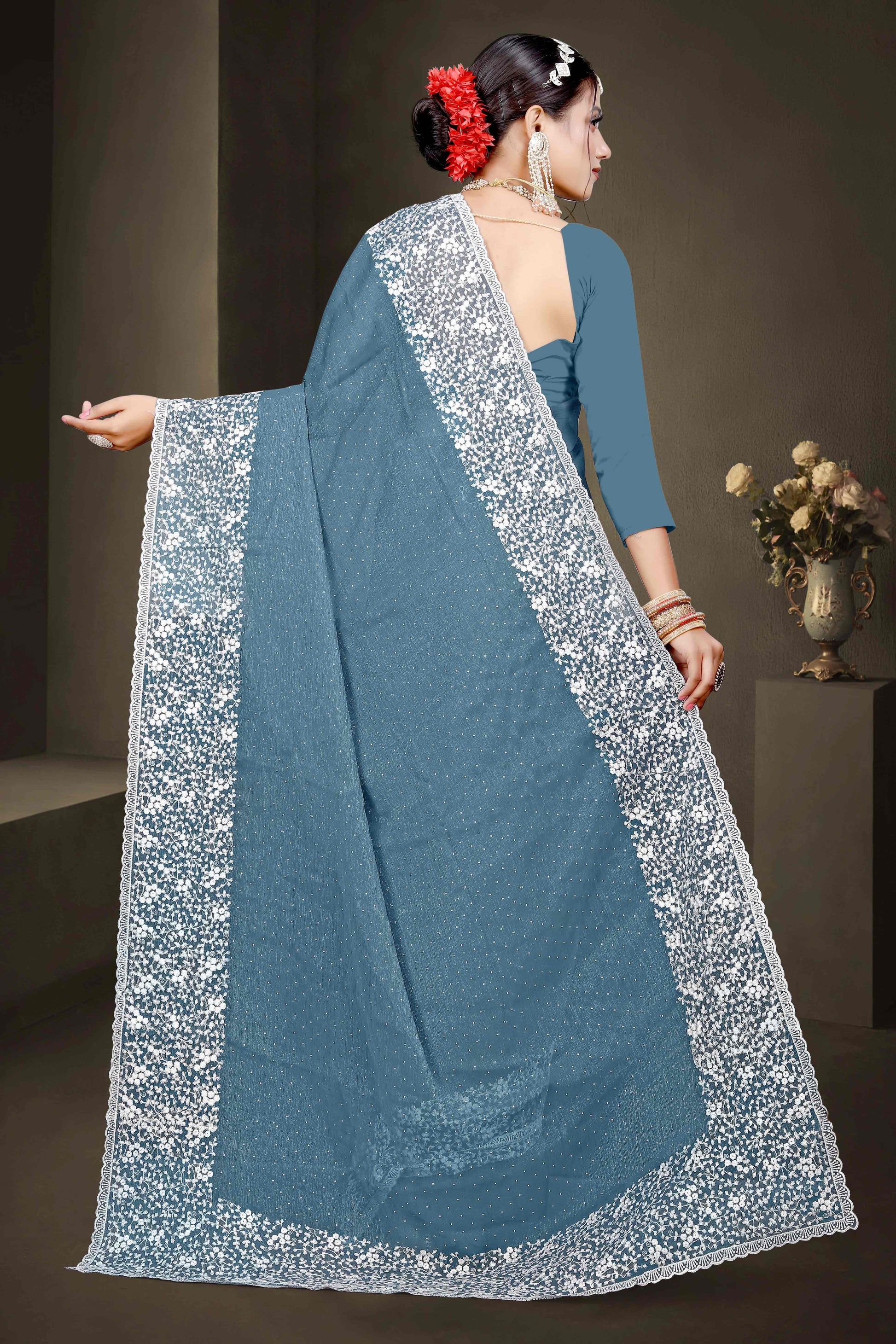 Bluyish Grey Floral Embroidery With Stonework Chiffon Shimmer Saree