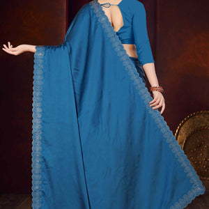 Blue Solid With Swarovski Work Satin Saree