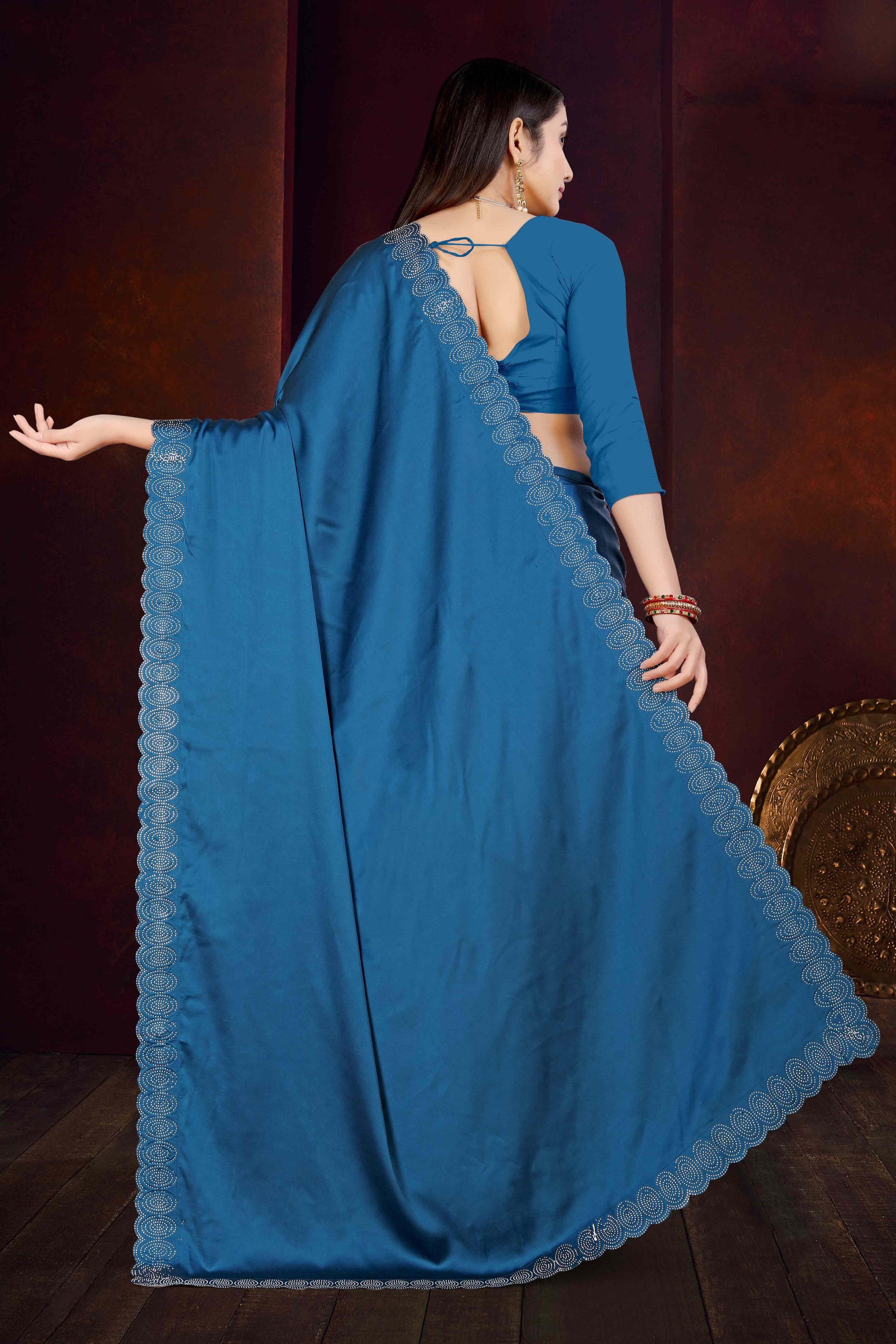 Blue Solid With Swarovski Work Satin Saree