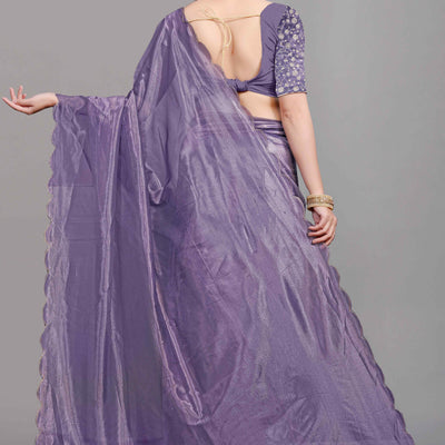 Lavender Solid Net Saree With Zari Border