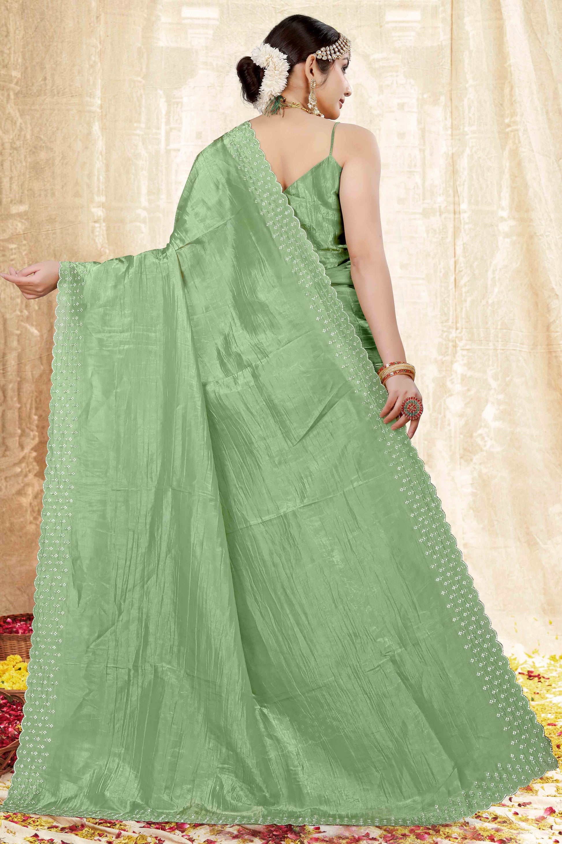 green-zarkan-diamond-work-tissue-gold-crush-saree
