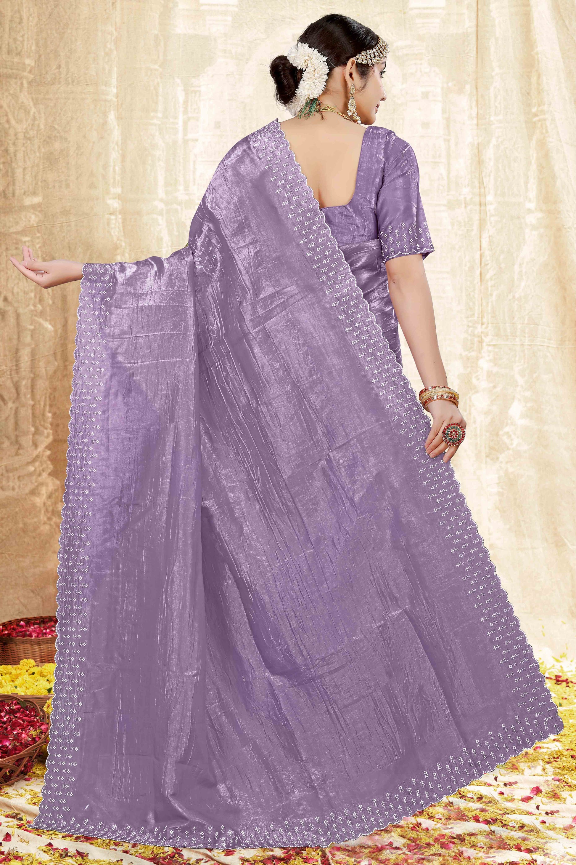 Lavender Zarkan Diamond Work Tissue Gold Crush Saree