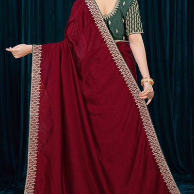 Maroon Solid With Zari Embroidered Vichitra Silk Saree