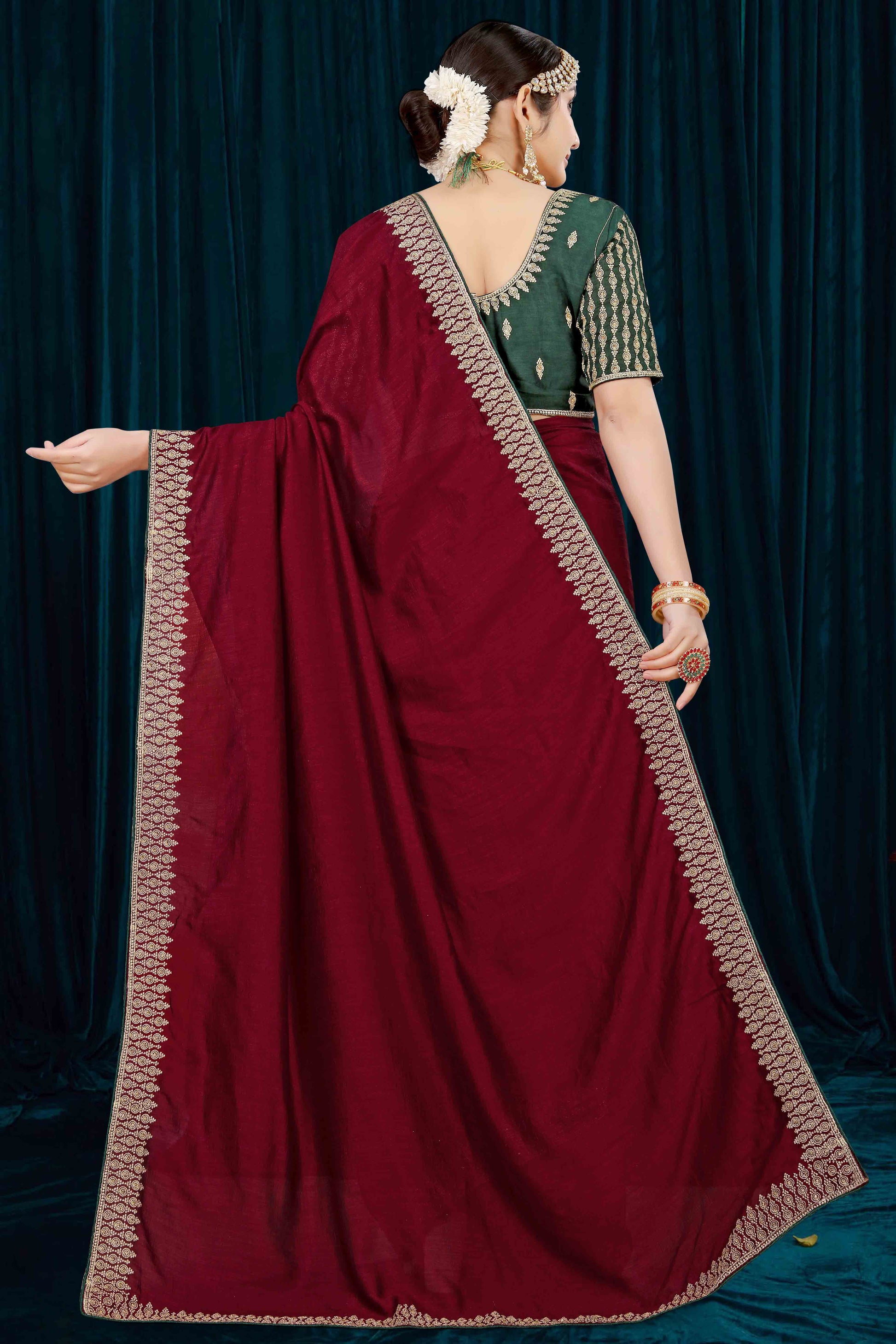 Maroon Solid With Zari Embroidered Vichitra Silk Saree