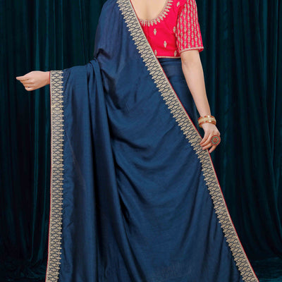 Blue Solid With Zari Embroidered Vichitra Silk Saree