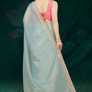 Blue Solid With Swarovski Work Tissue Gold Crush Saree