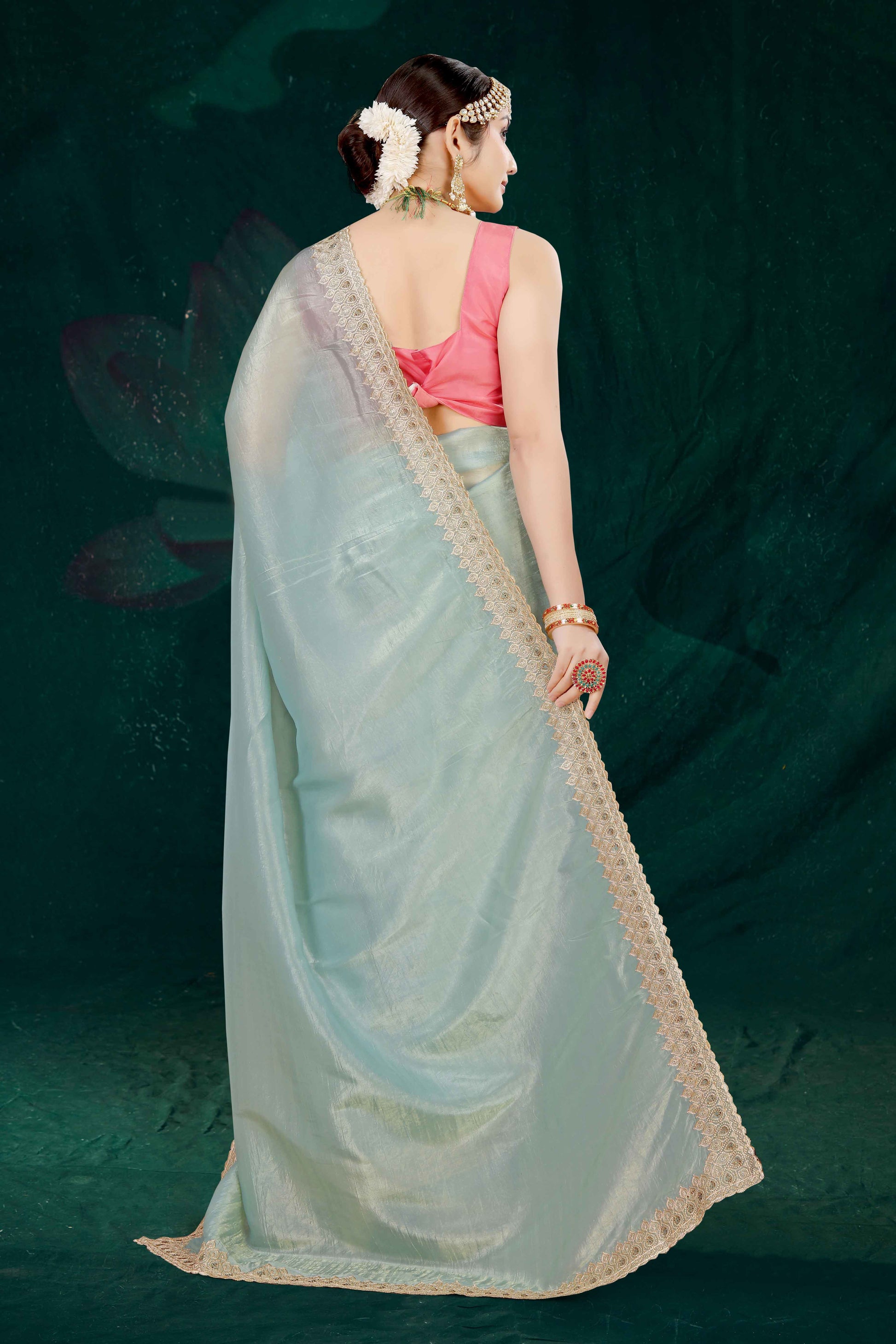 Blue Solid With Swarovski Work Tissue Gold Crush Saree