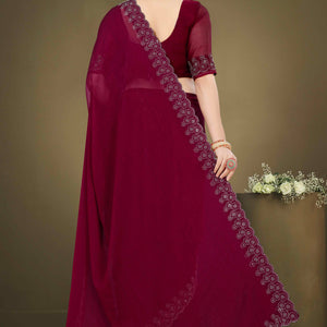 Maroon Solid With Swarovski Work Chiffon Saree