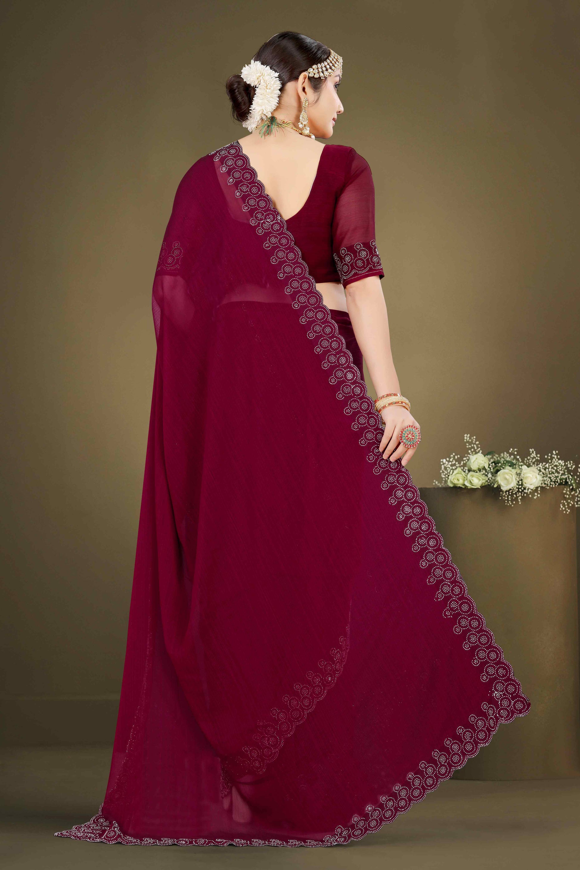Maroon Solid With Swarovski Work Chiffon Saree