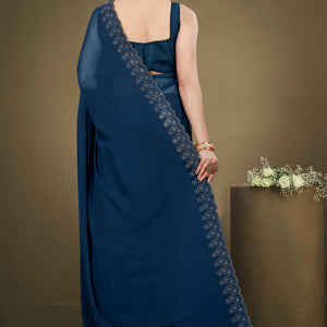 Blue Solid With Swarovski Work Chiffon Saree