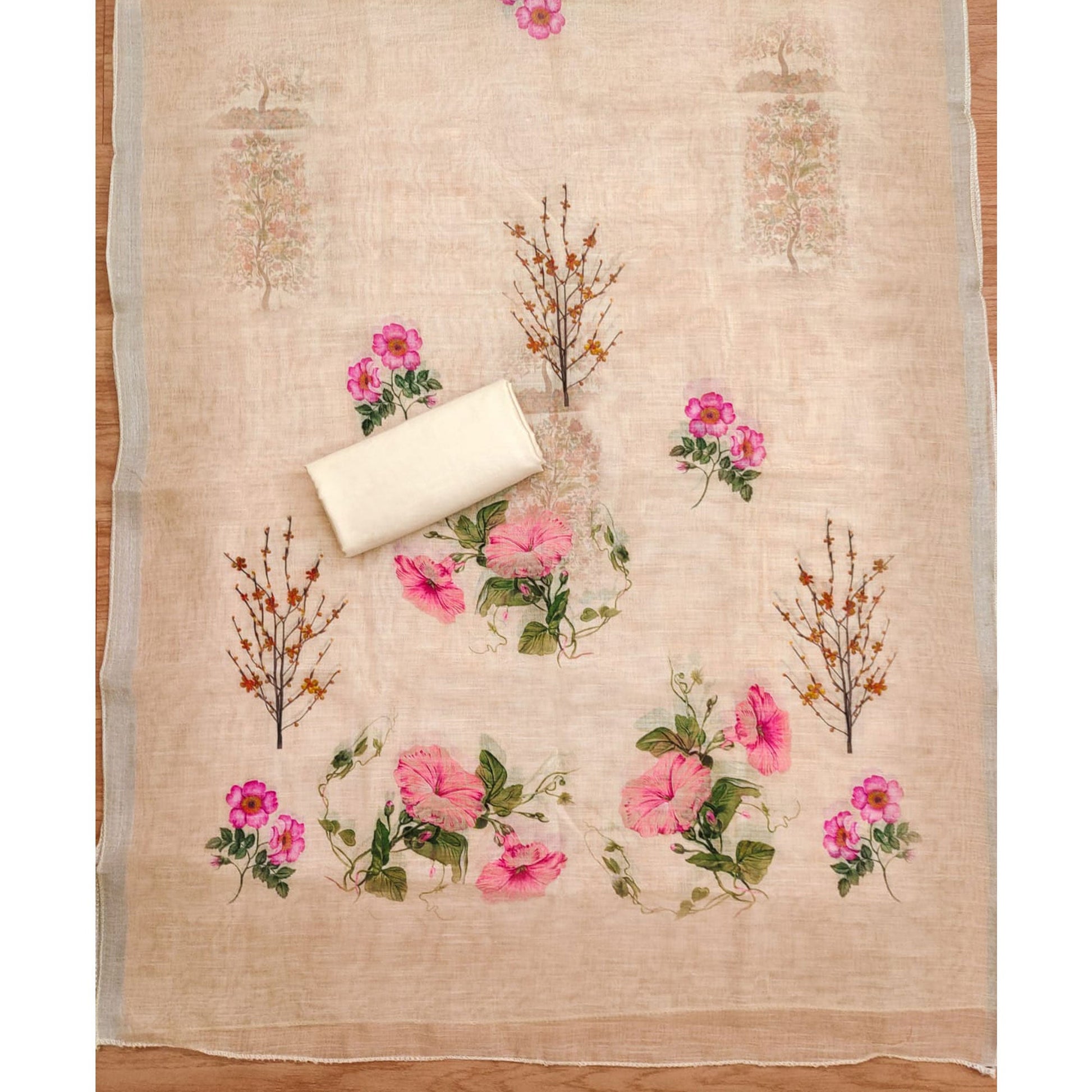 Cream Sequins Embroidered Chanderi Silk Dress Material