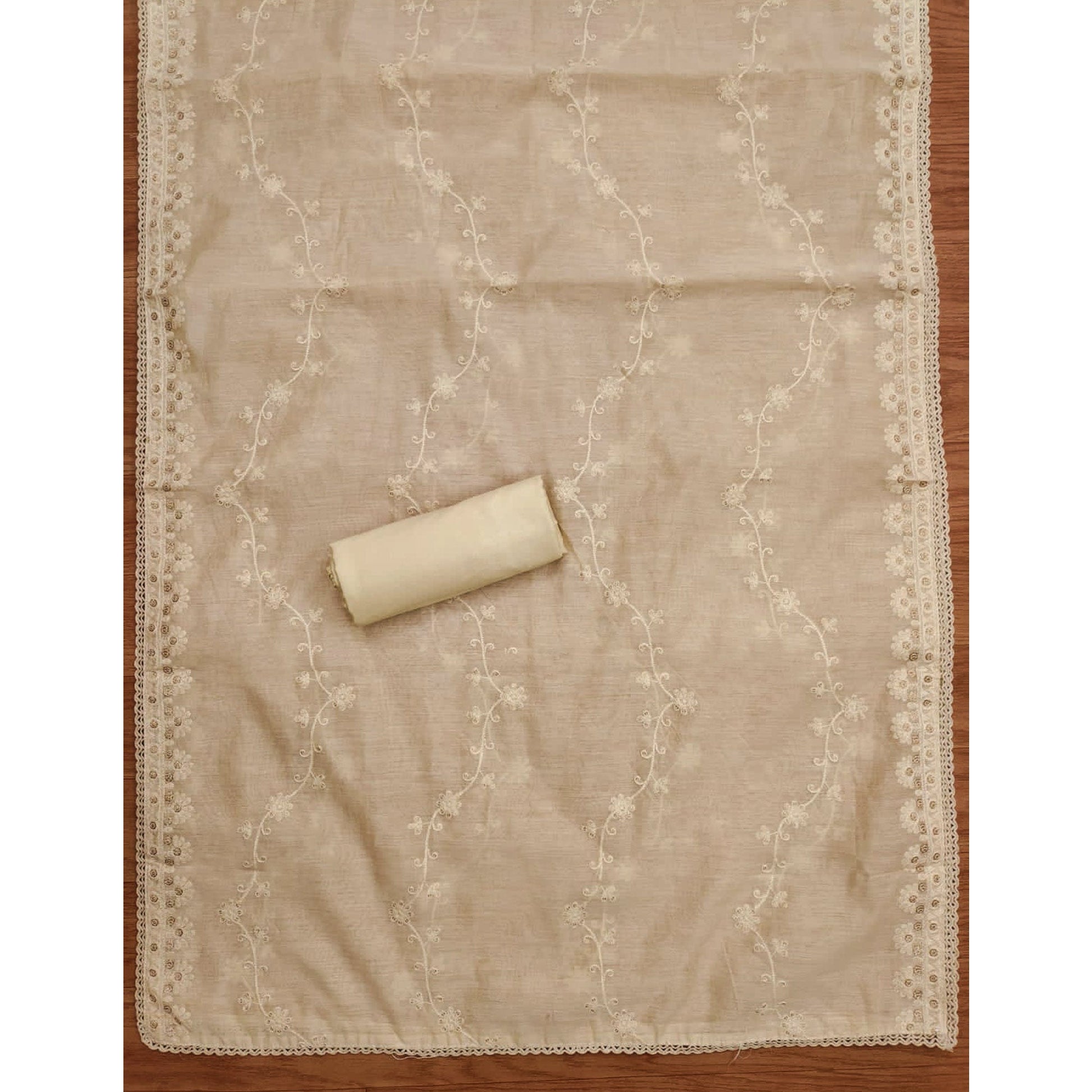 Cream Sequins Embroidered Chanderi Silk Dress Material