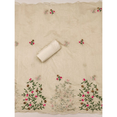 Cream Floral Embroidered Chanderi Dress Material