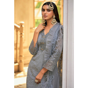 Grey Sequins Embroidered Georgette Semi Stitched Suit