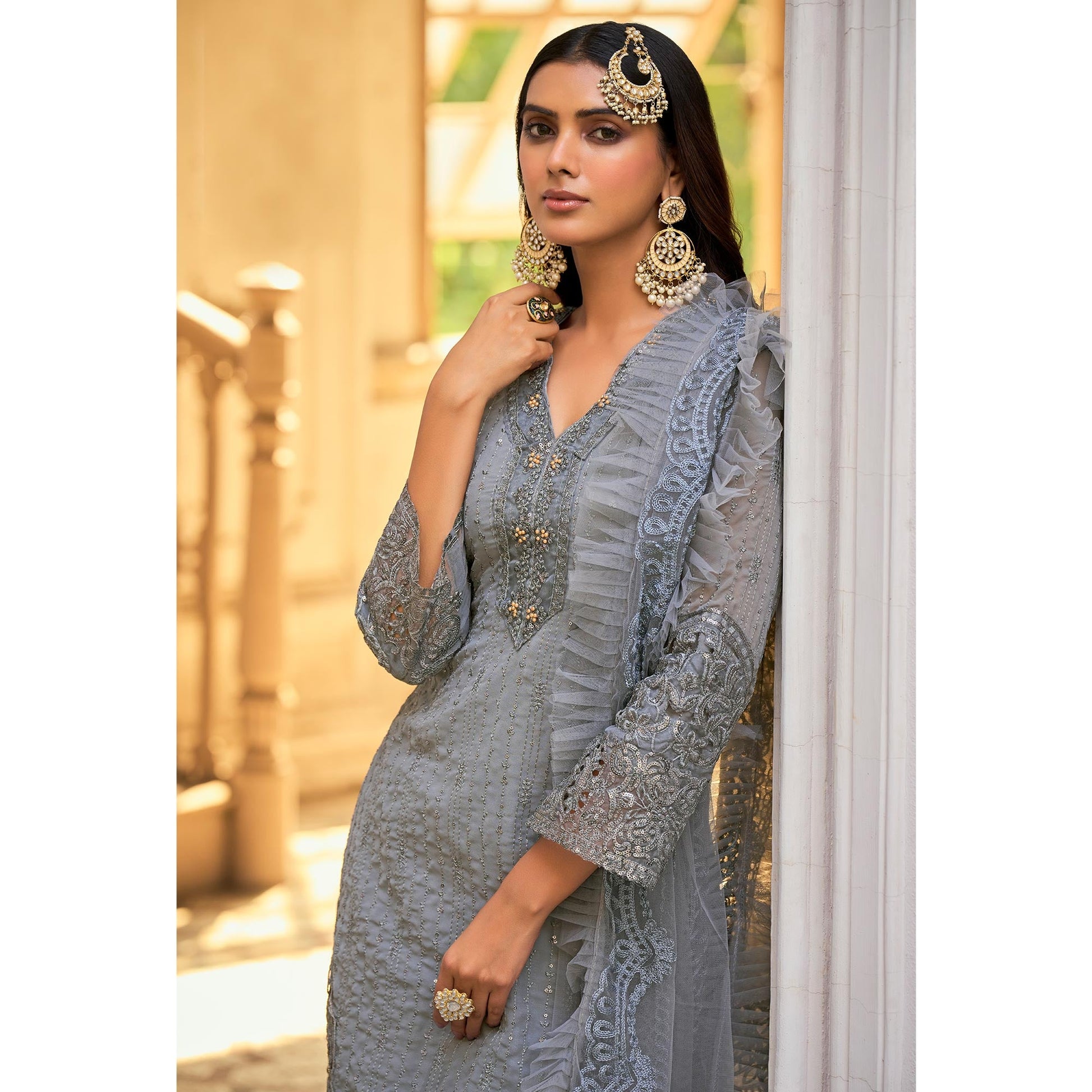 Grey Sequins Embroidered Georgette Semi Stitched Suit