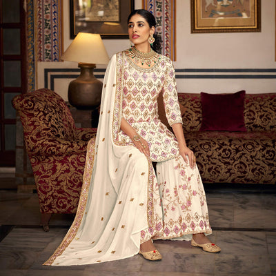 Cream Sequins Embroidered Georgette Semi Stitched Suit