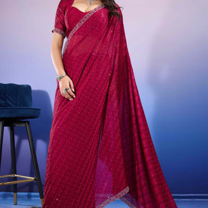 Cherry Red Diamond Zarkan Handwork Satin Chiffon Saree