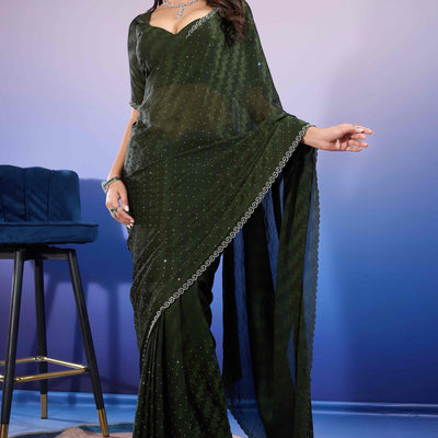 Bottle Green Diamond Zarkan Handwork Satin Chiffon Saree