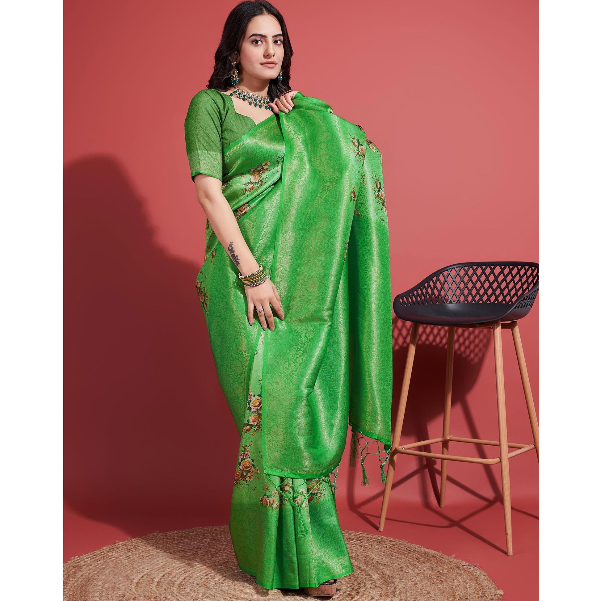green-floral-digital-printed-with-woven-banarasi-silk-saree