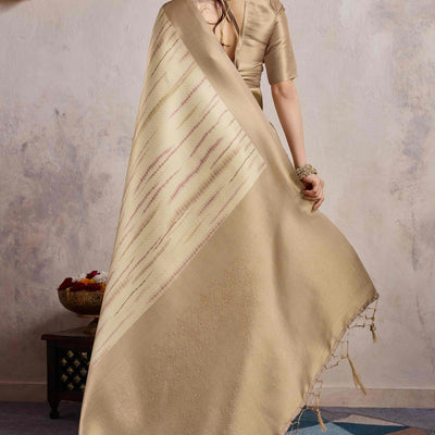 Chikoo Woven With Digital Printed Banarasi Silk Saree