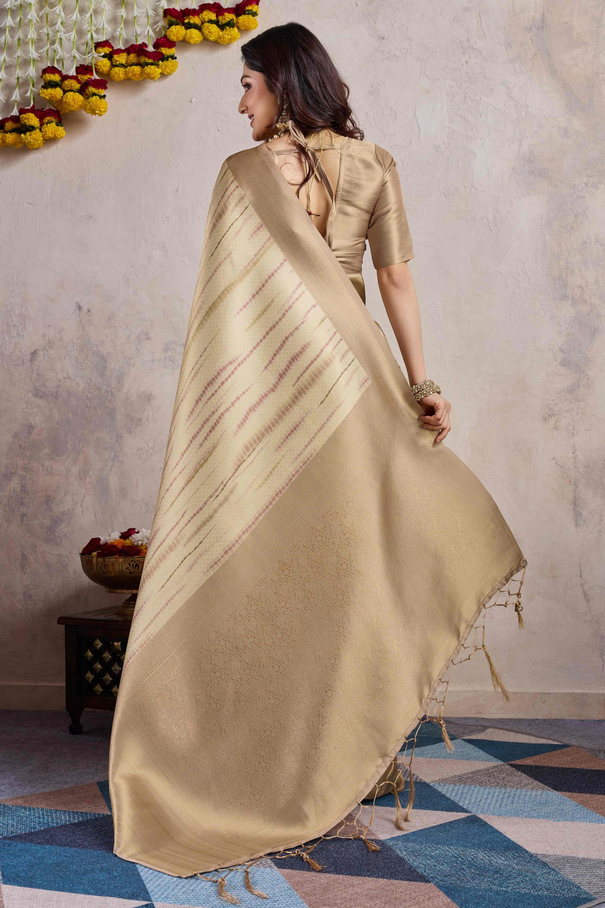 Chikoo Woven With Digital Printed Banarasi Silk Saree