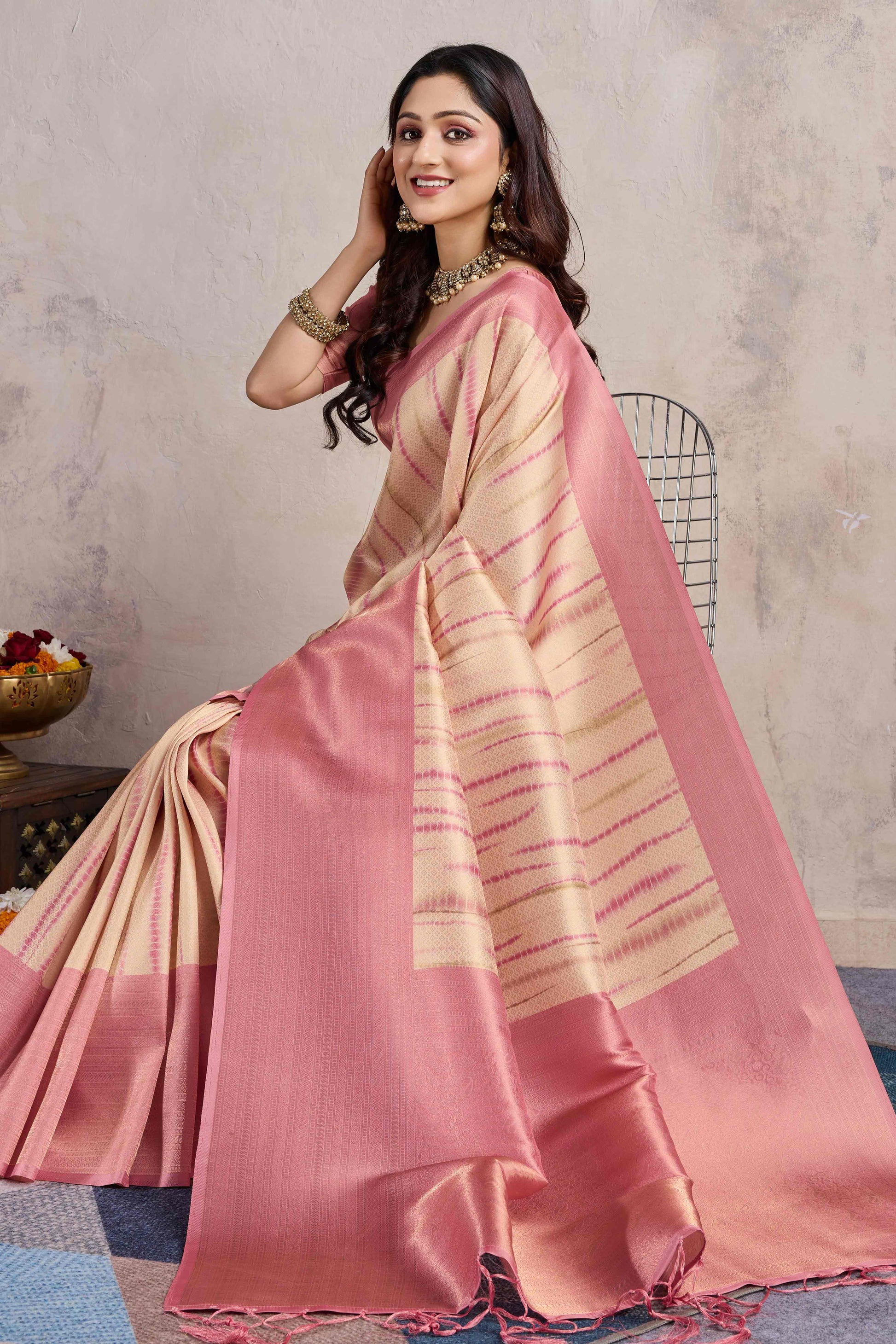 Gajari Pink Woven With Digital Printed Banarasi Silk Saree