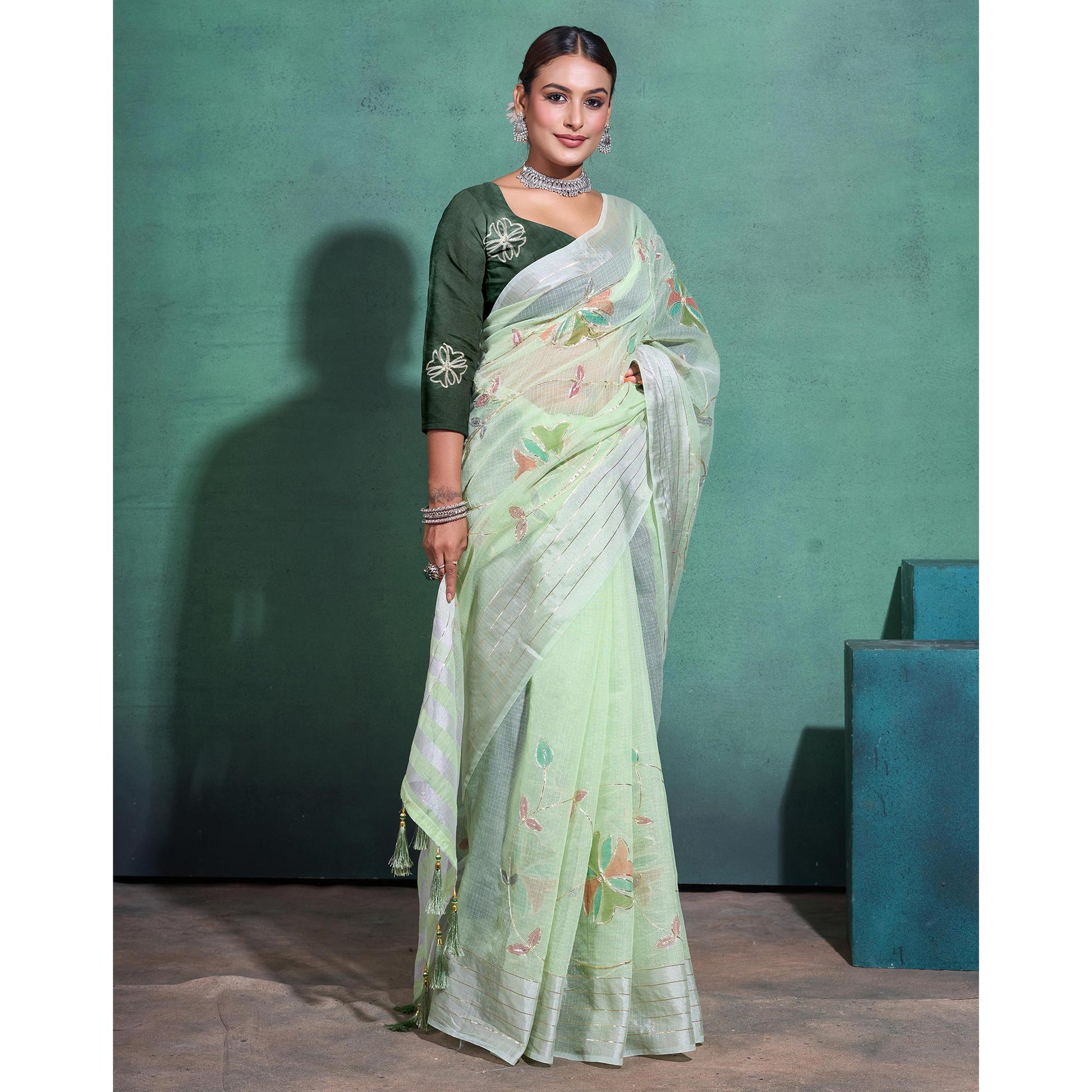 green-gota-patti-embroidered-linen-saree-with-tassels