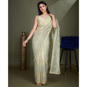 Light Olive Green Sequins Embroidered Shimmer Net Saree