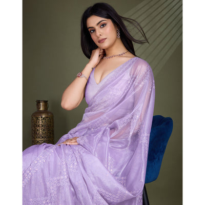 Lavender Sequins Embroidered Shimmer Net Saree