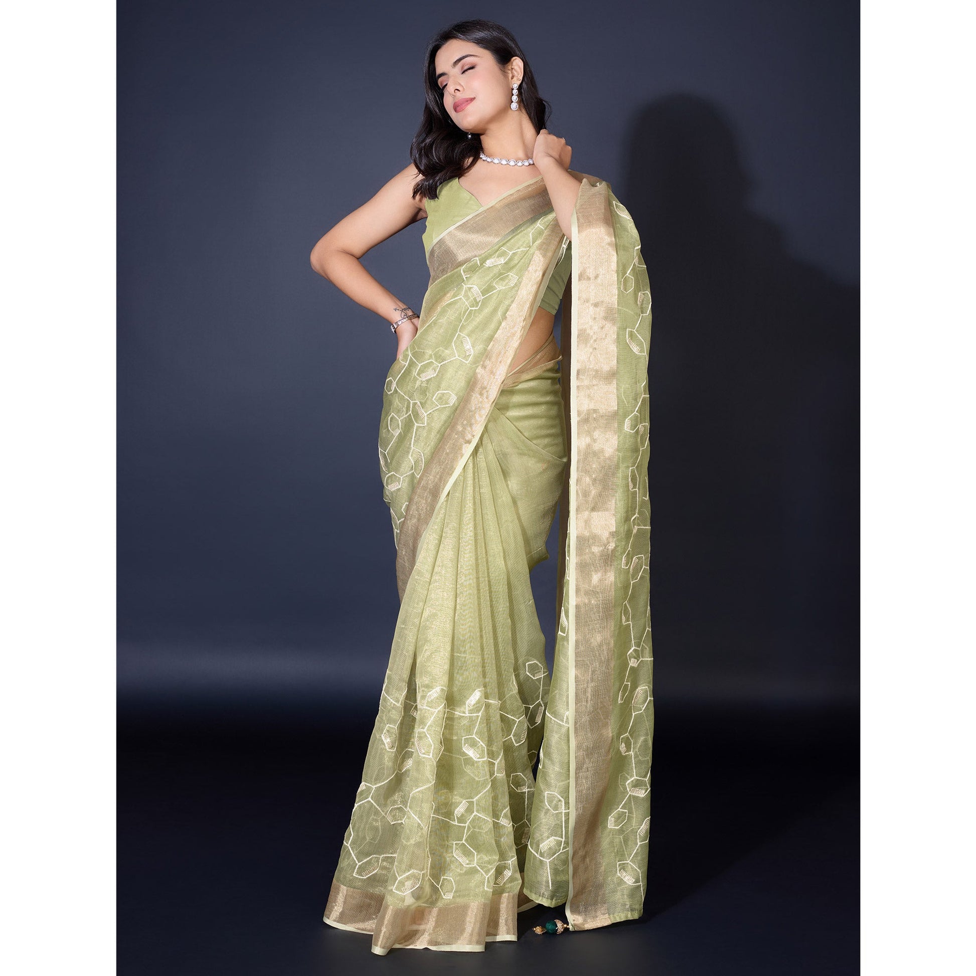 green-sequins-embroidered-cotton-silk-saree
