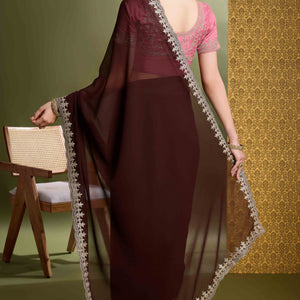 Brown Solid With Zari Embroidered Georgette Saree