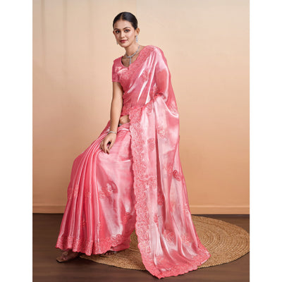 Gajri Pink Sequins Embroidered Organza Saree