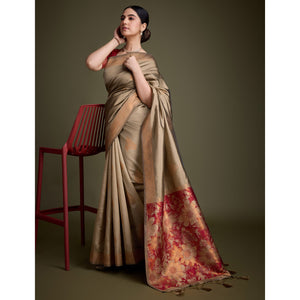 Chikoo Floral Woven Banarasi Silk Saree