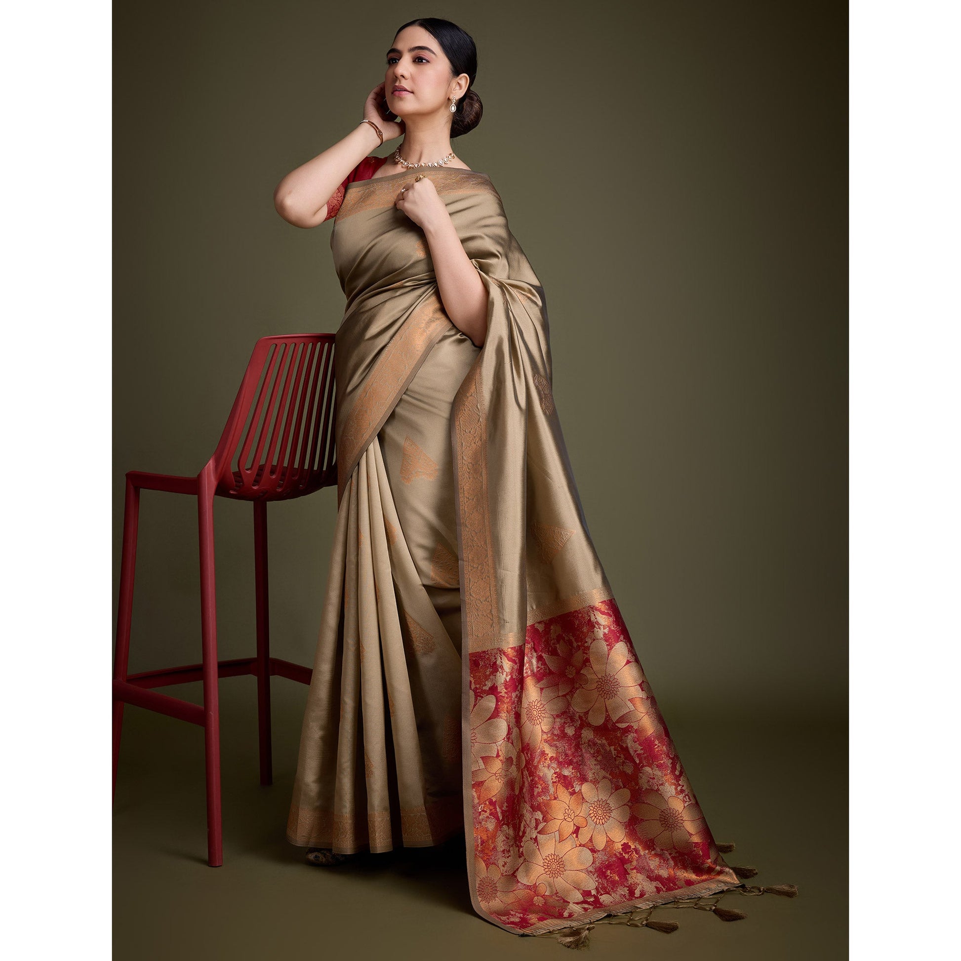 Chikoo Floral Woven Banarasi Silk Saree