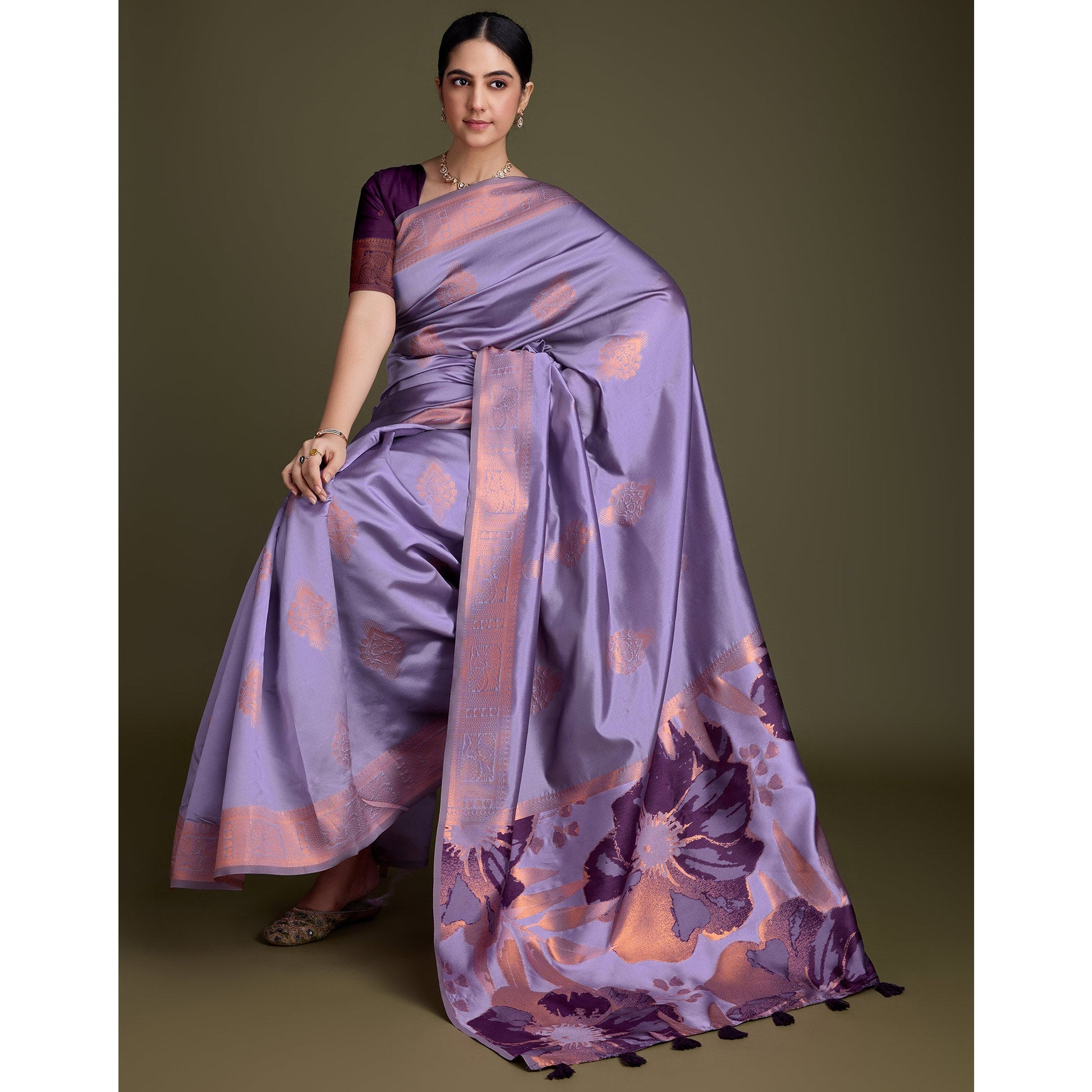 Lavender Floral Woven Banarasi Silk Saree
