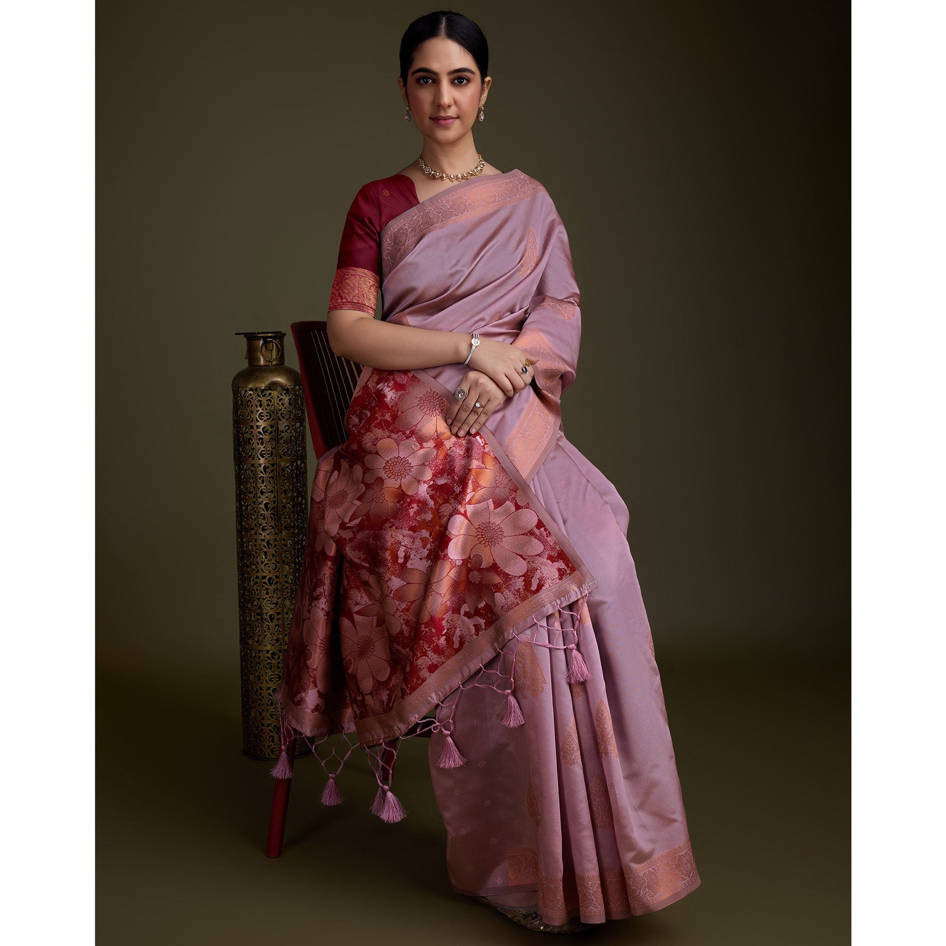 Dusty Pink Floral Woven Banarasi Silk Saree