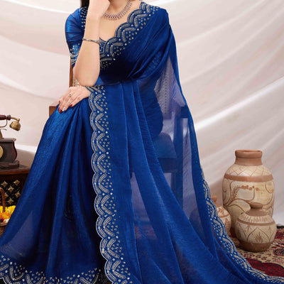 Blue Stone Work Embroidered Velvet Chiffon Saree